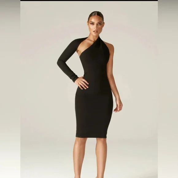 Alieva Dasha Modern Midi Dress Women Size S Black Bodycon One Shoulder NWT $245 - Picture 2 of 6